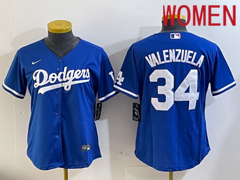 Women Los Angeles Dodgers 34 Valenzuela 2024 blue jersey 202411202